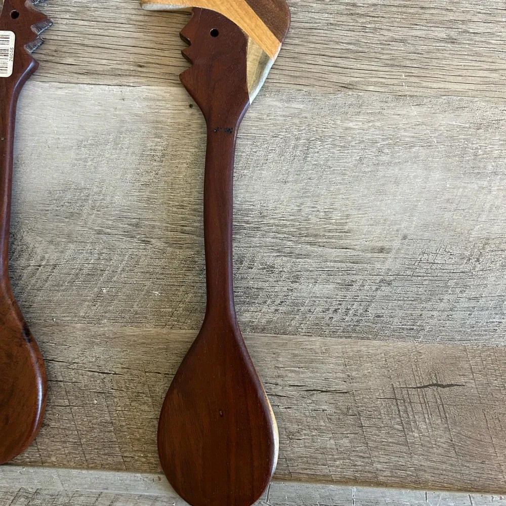 Vintage Hand Carved Wood Man Woman Salad Spoon‎ Fork Set Folk Art Kitchen Decor